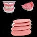 4 pink gum strips long oval shape stacked with image of complete denture 